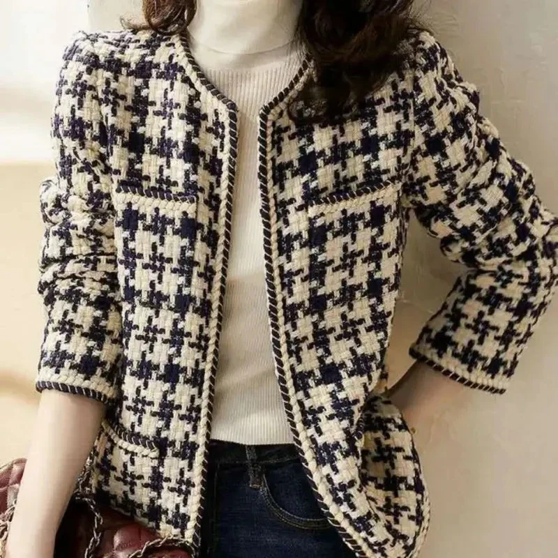

Bright Silk Bright Line Decoration Plaid Vintage O-Neck Long Sleeve Women's Jacket Covered Button Short Jackets Coat For Women