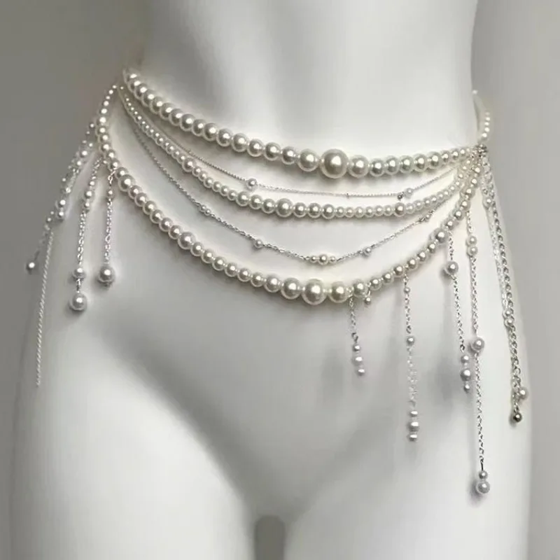 Y2K Designer Belt Multilayer Pearl Waist Chain for Women's Fashion