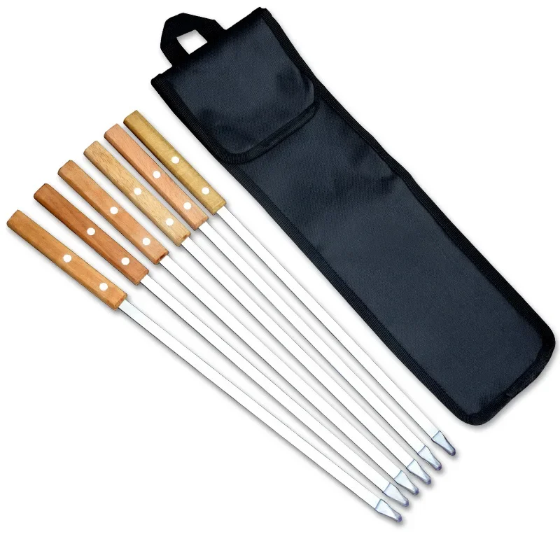 6pcs Stainless Steel Drill Needle Big Wooden Handle Flat Handle Barbecue Widened Extra-thick 42 Cm Sign Commercial Lamb Leg Sign