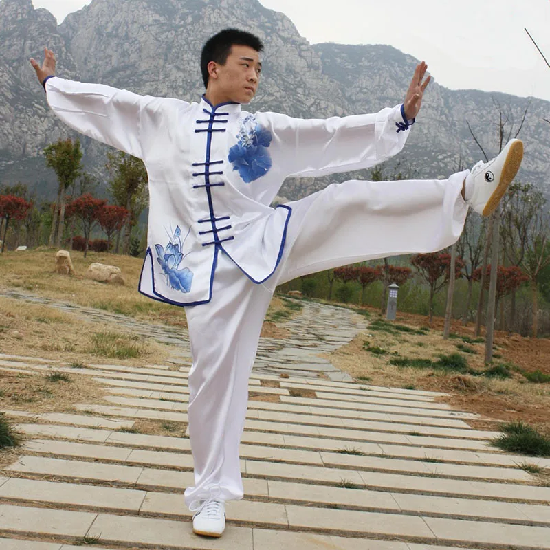 Men Tai Chi martial arts Kungfu uniforms Chinese traditional sweater, silk milk pants Wushu meditation outfit set