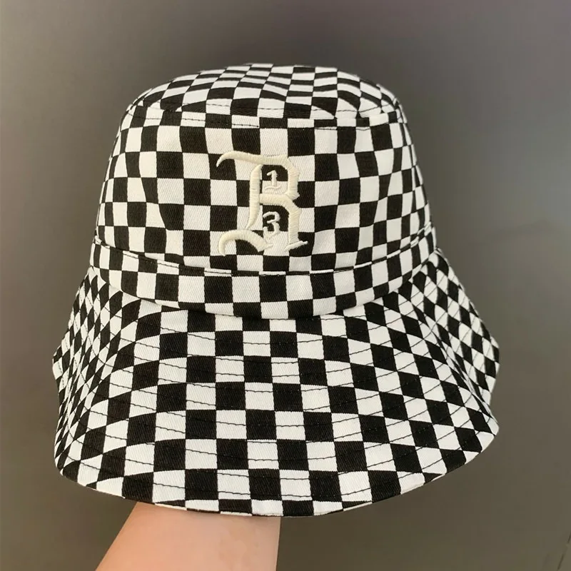 

Fashion Large Brimmed Fisherman Hat Embroidered Black White Checkerboard Check Women's Sunblock Big Bucket Hat Wholesale