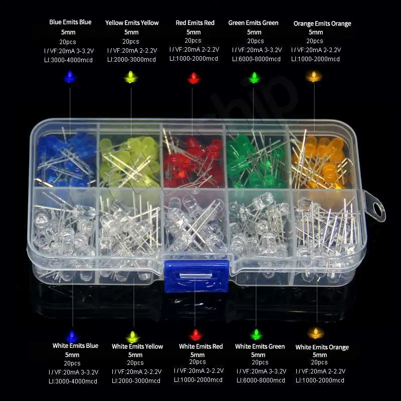 200pcs 5mm Plug-in White Blue Yellow Red Green Orange and Send Round Head LED Diode Lamp Beads Set Box