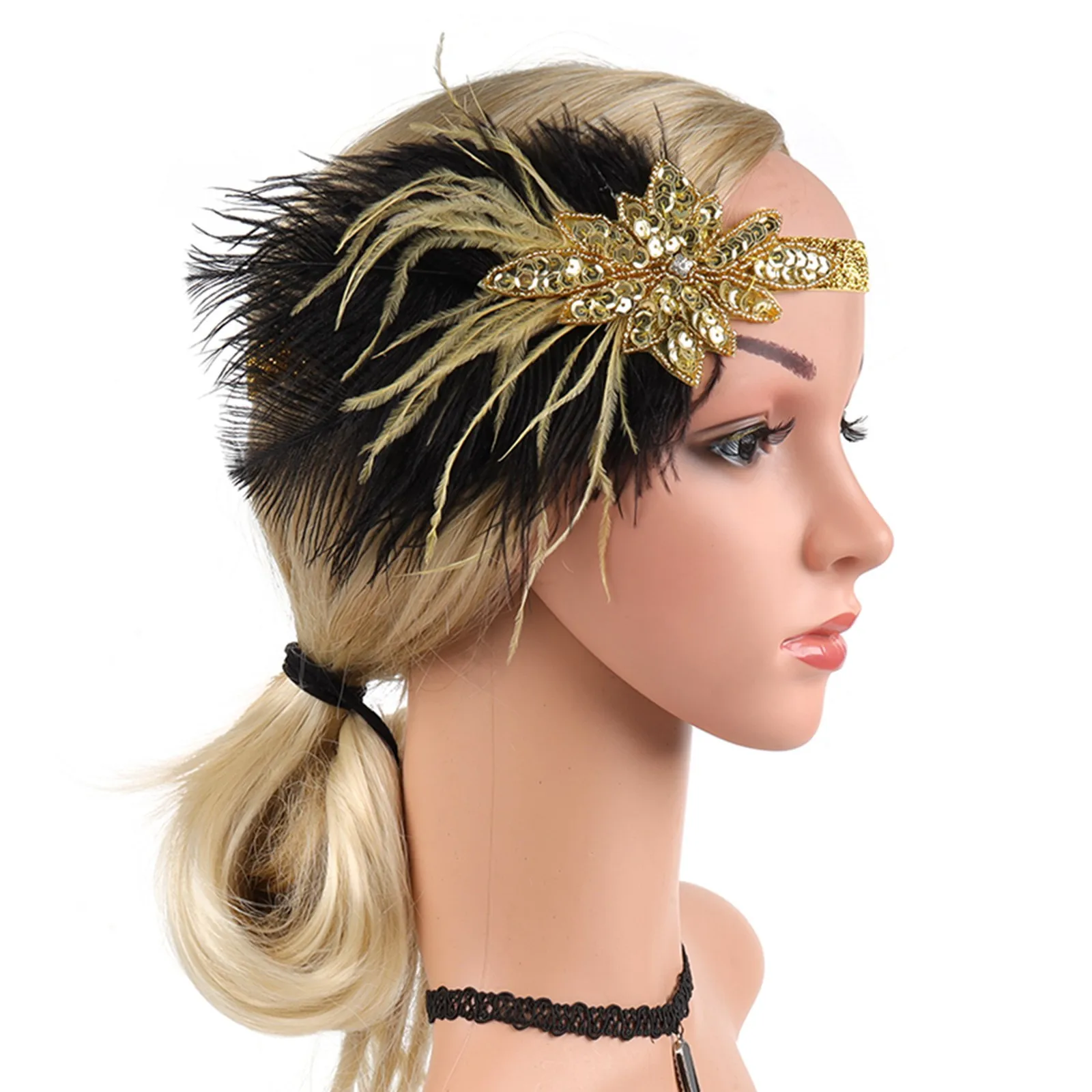 

Women Headbands Fashion 1920s Flapper Headband Black Feather Headpiece Rhinestone Hair Cocktail Head Accessories