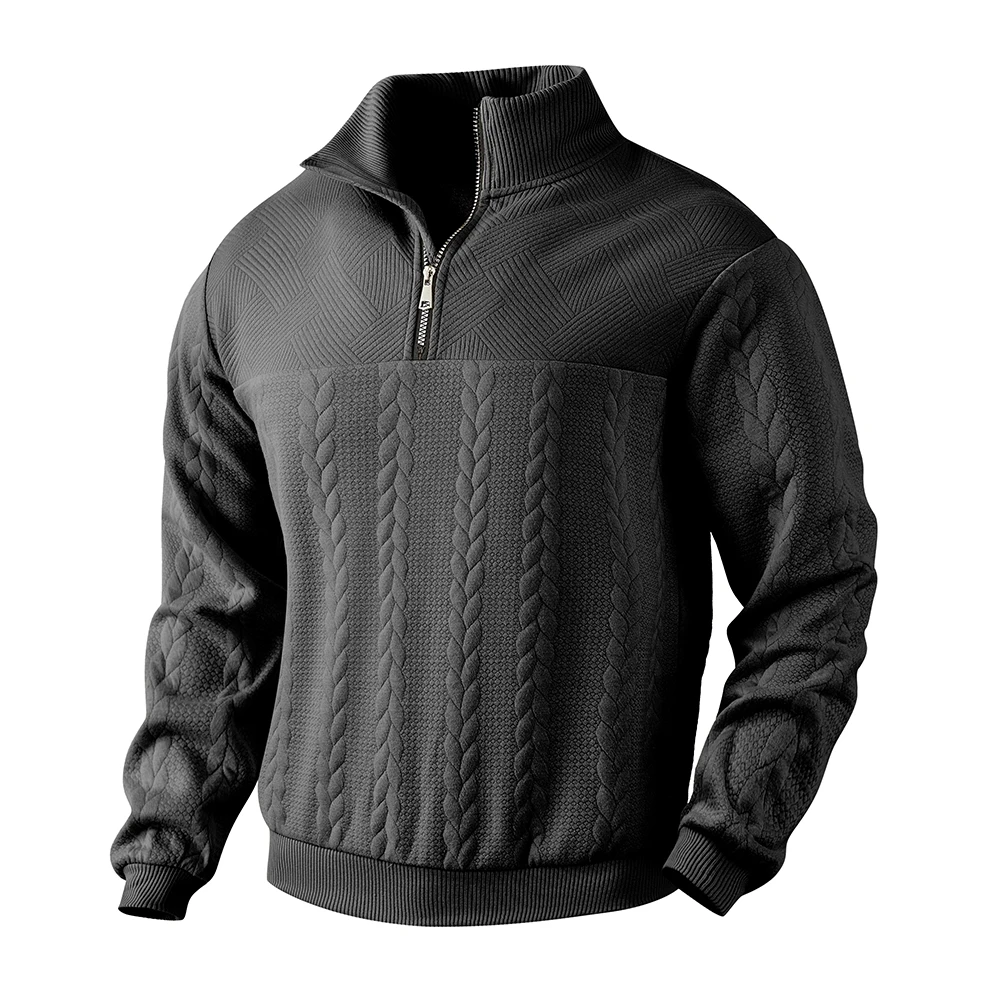 Men's casual Henry collar sweater long sleeve knitted stand collar top zipper solid color hoodie pattern fashion men's wear 5