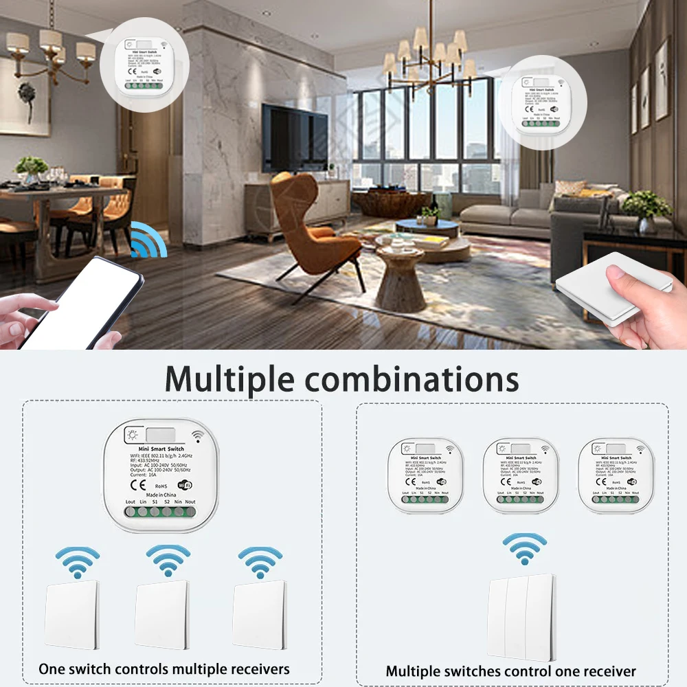 TUYA ALEXA 자체 전원 무선 벽 스위치 배터리 필요 없음 86형 RF433Mhz 방수 스위치 AC110V 220V 가정용 조명용
