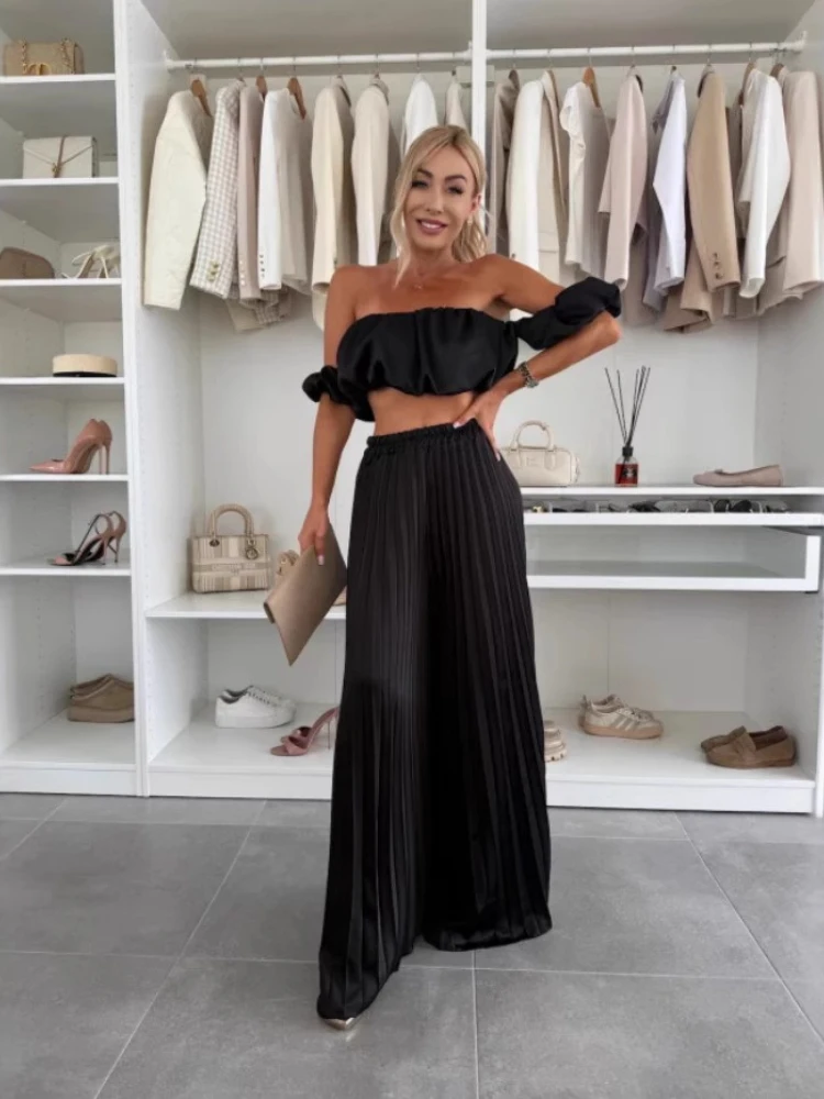 2025 summer fashion new women's elegant strapless suit casual solid color temperament foldable elastic pants 2
