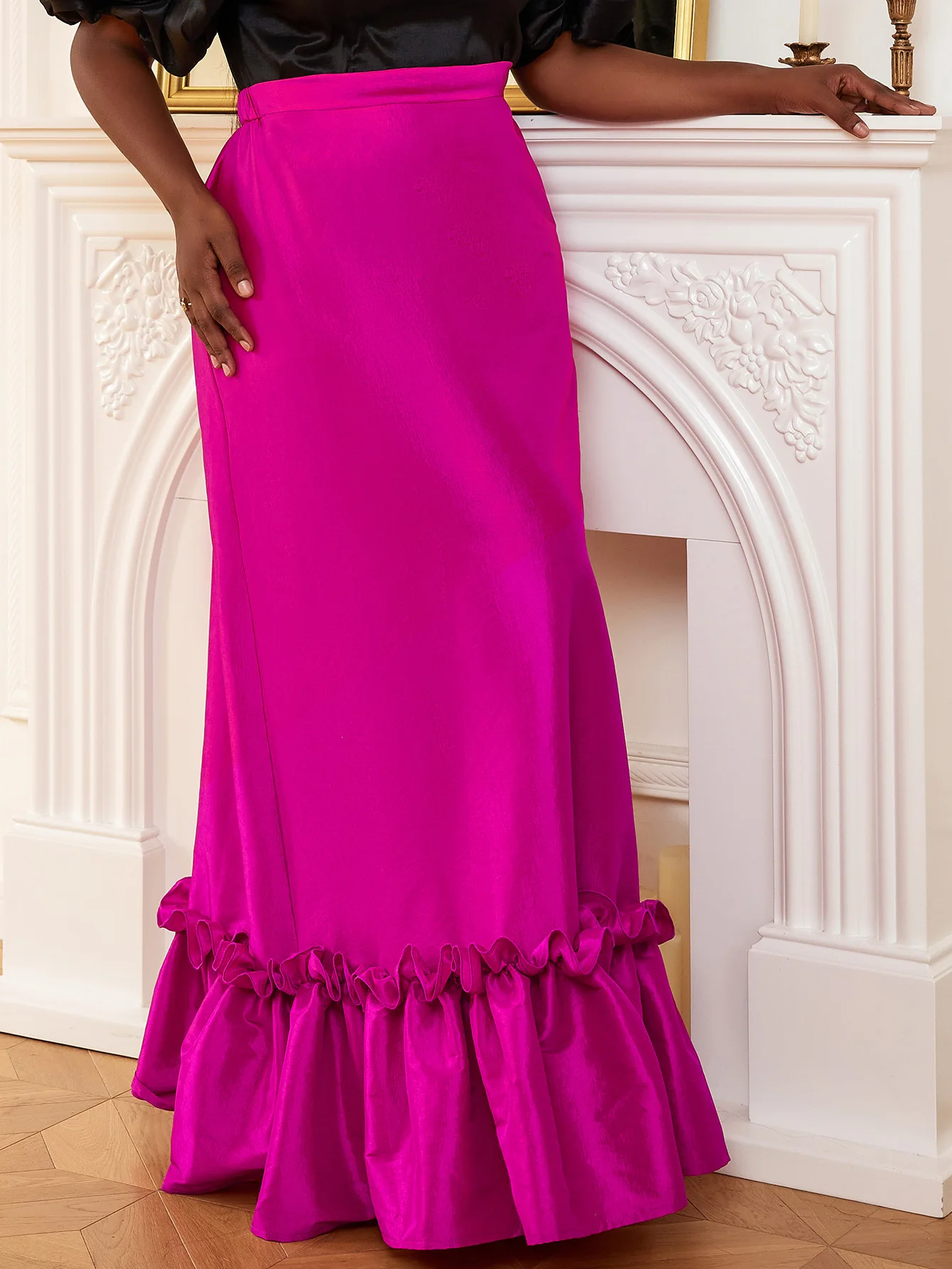 Fuchsia Long Skirts High Waist Shiny Loose Evening Party Cocktail Large Size Ruffles Floor Length Skirt for Ladies 3XL 4XL 2024 off shoulder maternity robes for photo shoot riered ruffles a line tulle pregnant women dresses floor length babyshower dresses