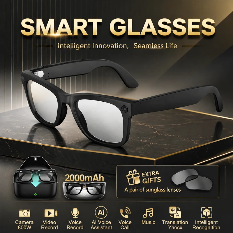 Smart Glasses 800W HD Camera Al Translator Assistant Intelligent Recognition 2000mAh Charging Case Surround Audio Smart Glasses