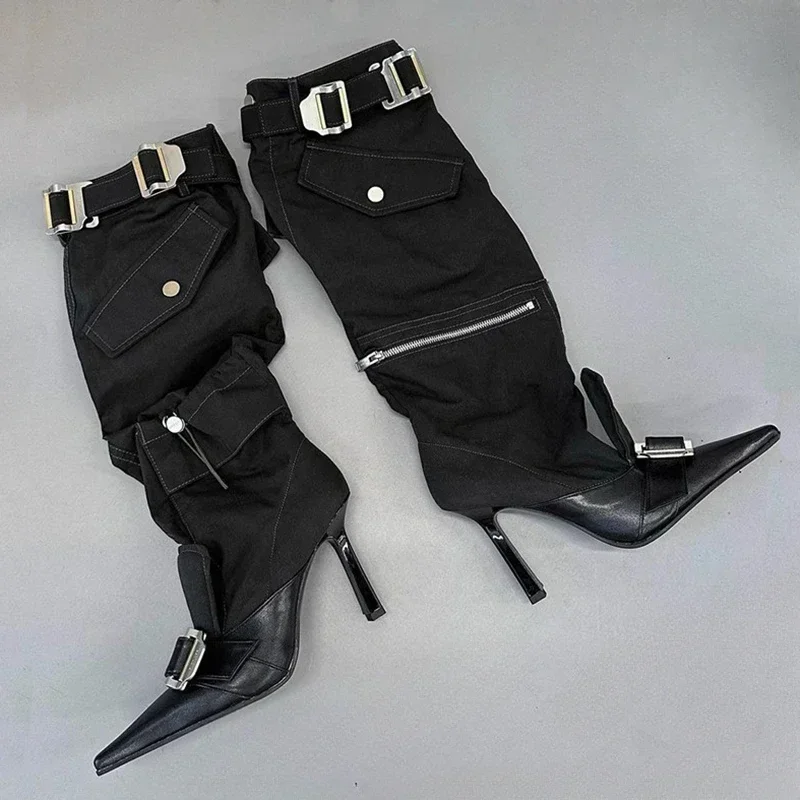 Belt Buckle Motorcycle Cowboy Spicy Girl Knee Length Boots Women's