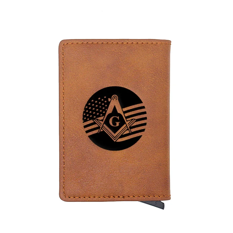 

Classic Laser Engraving American Flag Freemasonry Credit Card Holder Men Women Metal RFID Aluminium Box PU Leather Wallet BA170