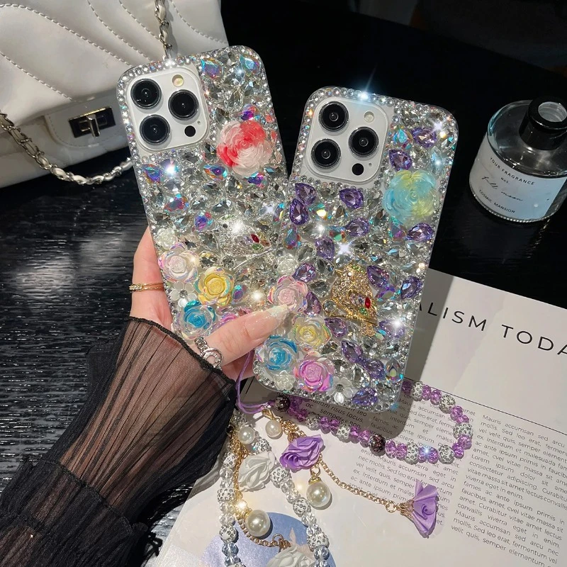 Luxury Rhinestone Mobile Phone Cases for Huawei, Bling, Beaded Straps, Lanyard, P50Pro, P40lite, Mate40, Honor 9X, 50, 60Pro