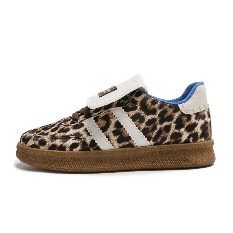 Fashion Leopard Skateboard Shoes For Women Comfortable Flat Low-top Leather Sneaker