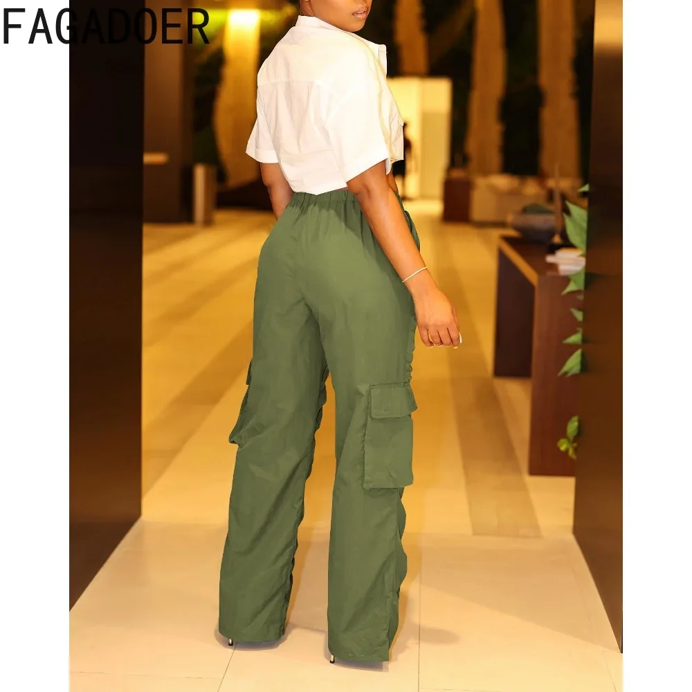 FAGADOER Green Casual Pleated Design Cargo Pants Women High Waisted Ruched Pocket Trousers Autumn Female Sporty Bottoms 2023 New
