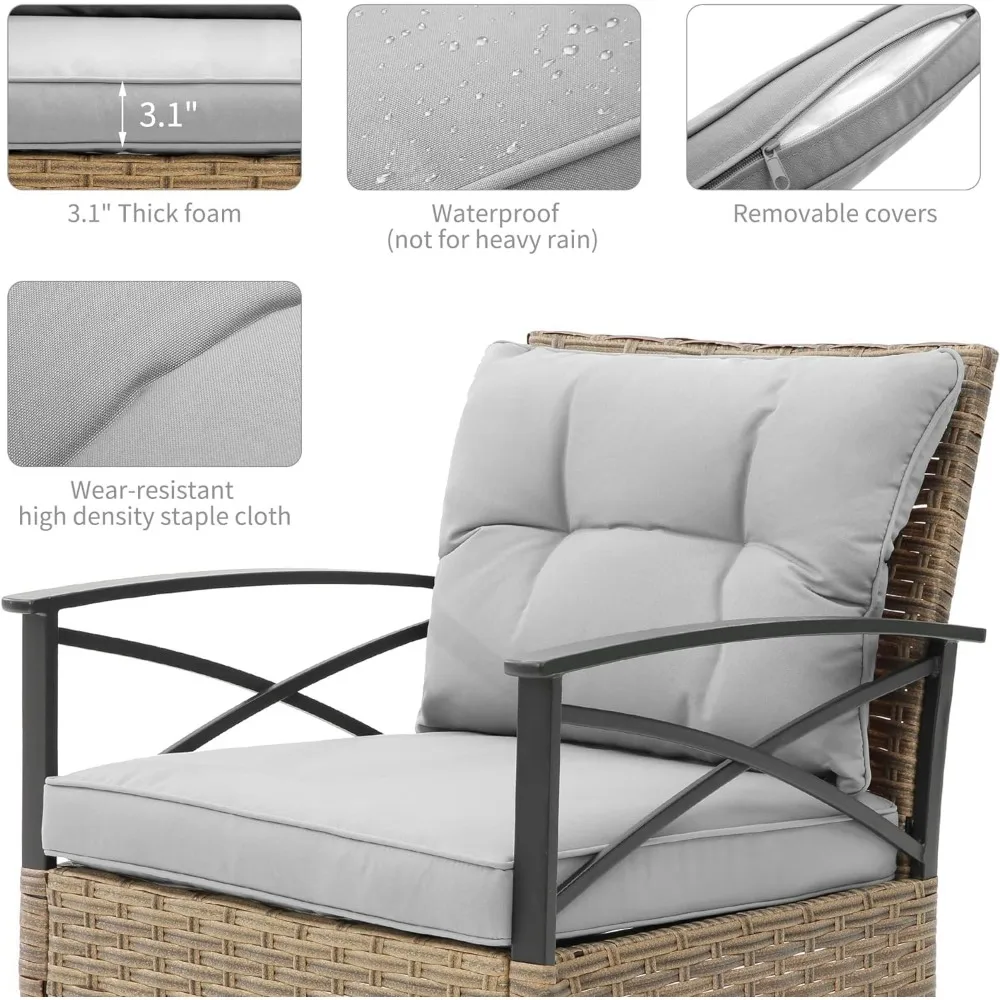 Outdoor Rocking Chairs Set - 3 Pieces Grey Patio Bistro Set Outside Furniture 2 Wicker Rocker Chairs with Grey Cushions and Tabl 5