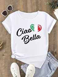 Italian Flag Heart Ciao Bella Print Summer Top with Harajuku Sleeve Aesthetic - S (H17603 - White)