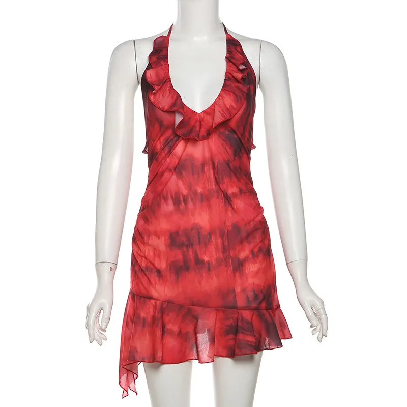 New Halter Neck Printed Dress For Women Hollow Backless Sexy Irregular Female Chiffon Folds Fungus Mini Dress Fashion 2025 7 New Halter Neck Printed Dress For Women Hollow Backless Sexy Irregular Female Chiffon Folds Fungus Mini Dress Fashion 2025