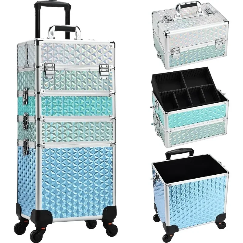 4 in 1 Rolling Makeup Case Cosmetic Train Case Trolley Roll Travel Box for Makeup Artist, Hairstylists, Nail Tech Makeup Cart 6