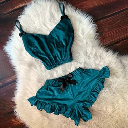 Women Sexy Sleepwear V-Neck Pajamas Set Sleep Tops and Shorts Two Piece Set Summer Pijama Pjs Strap Homewear Nightwear