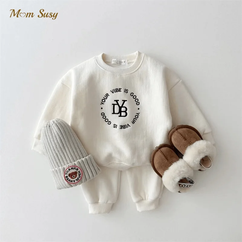 

Newborn Baby Girl Boy Fleece Inside Clothes Set Hoodie+Pant Toddler Child Cotton Clothing Suit Pullover Baby Clothes 9M-5Y
