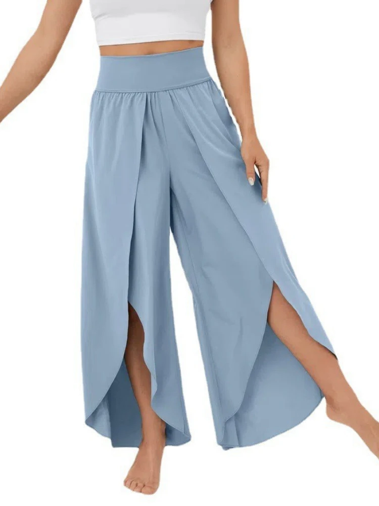Women High Waist Wide Leg Pants Yoga Sweatpants Big Size Beach Boho High Split Trouser Loose Solid Elastic Waist Thin Pants