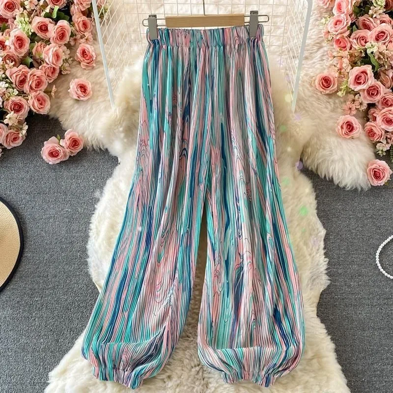 Sweatpants Women Trousers Lantern Pants  Y2k Pants Bound Feet Tie Dyeing Thin Pendant Pleated Loose High Waisted Motion Leisure