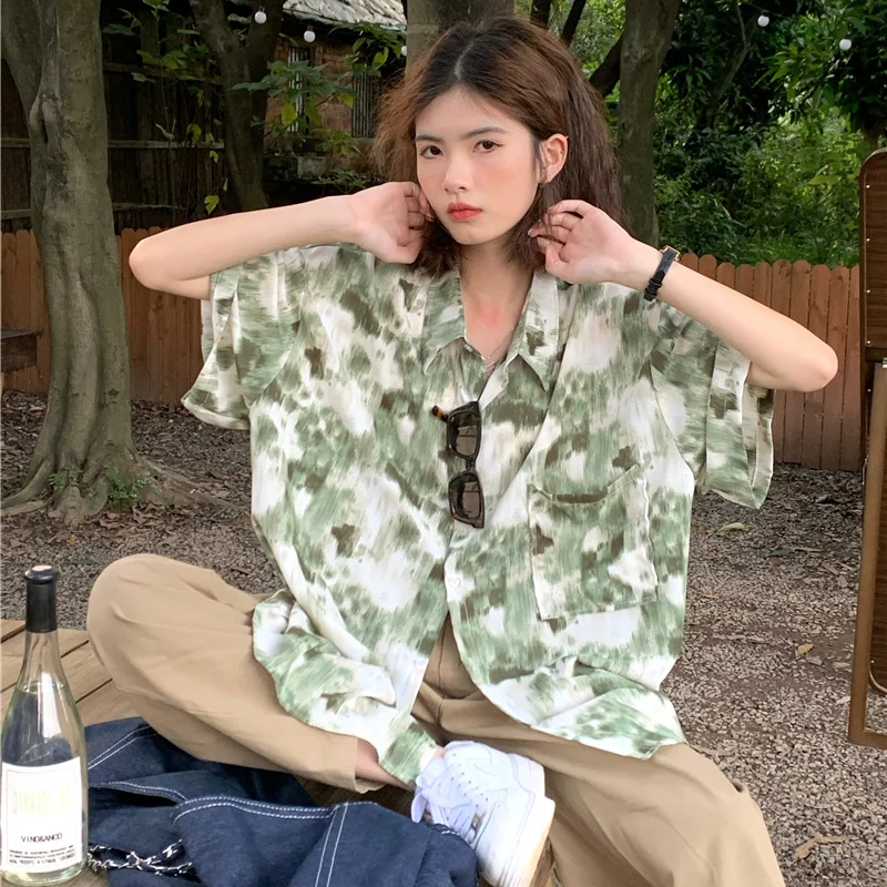 EBAIHUI Summer Hong Kong Vintage Women's Shirt Korean Ink Ladies Flower Blouse Loose Lapel Casual Short Sleeved Blusas