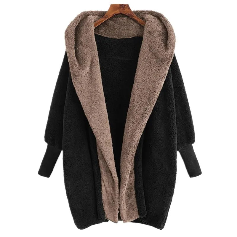 

Loose solid color plush hooded jacket stitching long sleeve casual sweater hooded