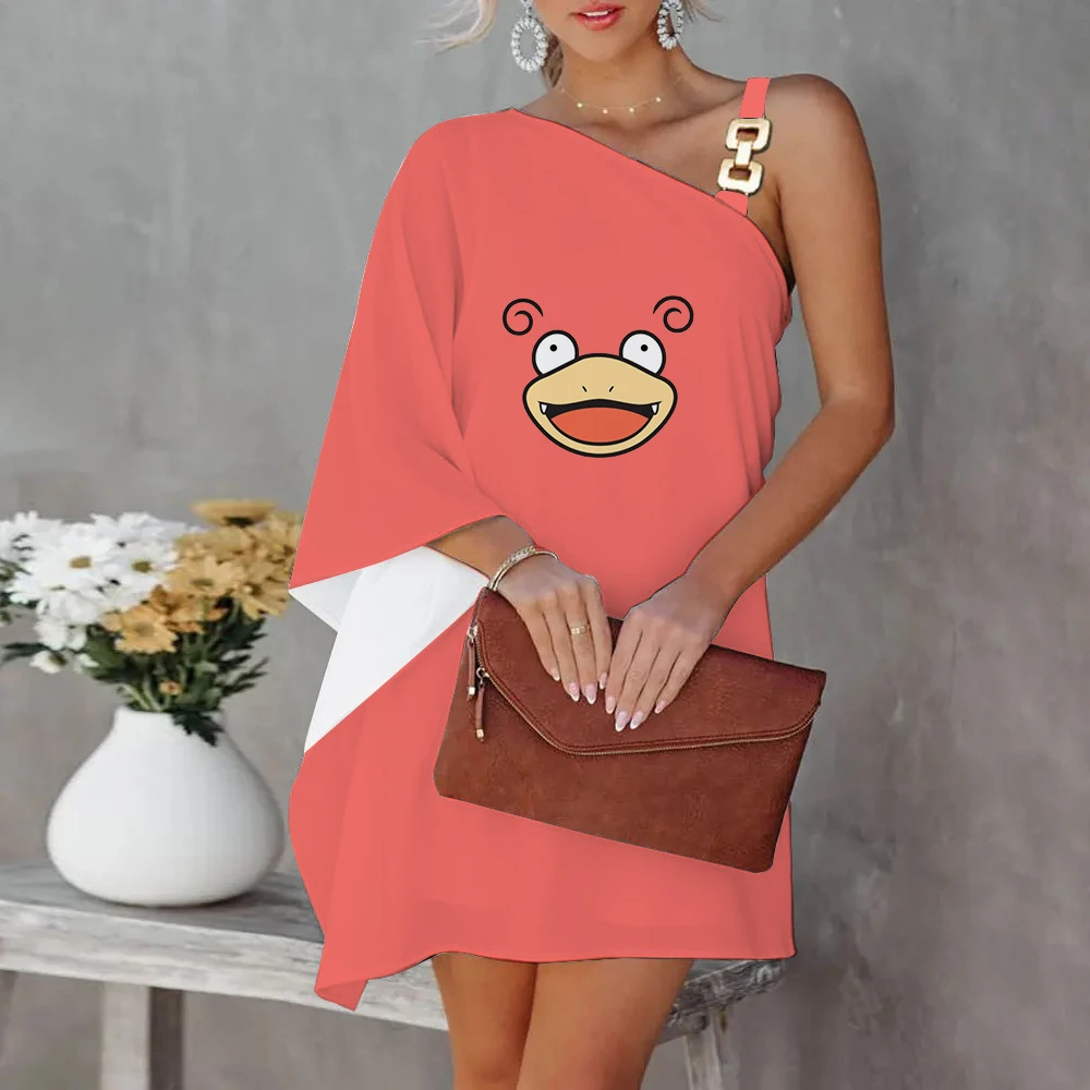 

One-Shoulder Diagonal Collar Sexy Dress for Women Zevity Evening Dresses Cartoon Pokemon New Pikachu Elegant Summer 2023 Party