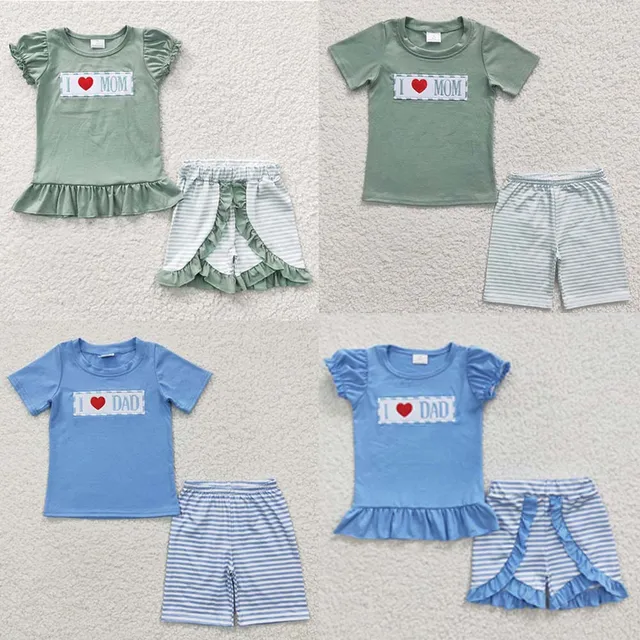 Conjunto de verano de manga corta para bebé, Camiseta de algodón con bordado I Love Dad Mom, pantalones cortos para niños, ropa a juego, venta al por mayor