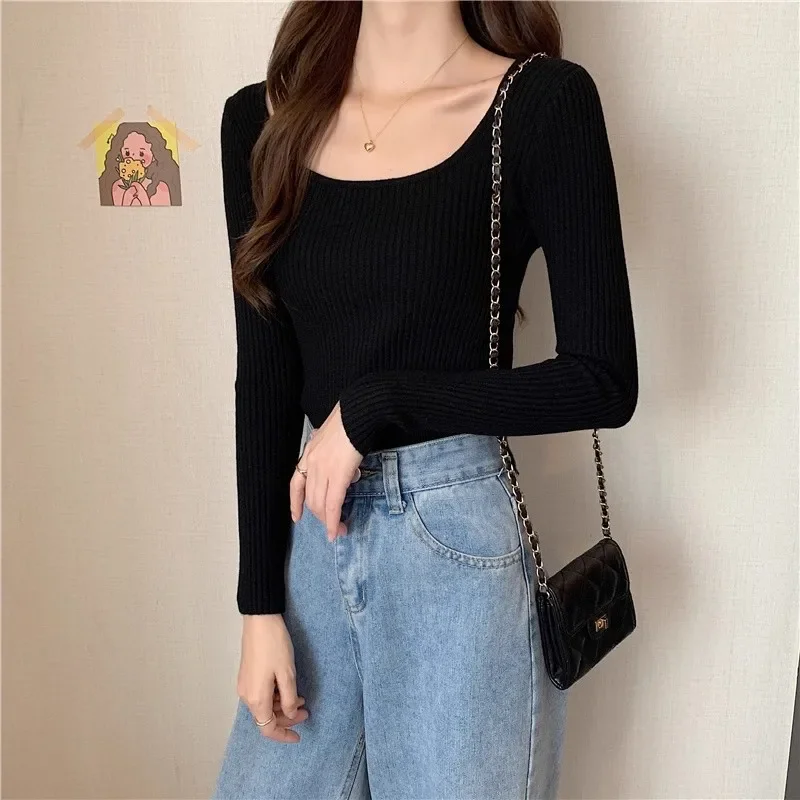 Frauen Grundlegende Solide Square-neck Pullover Hohe Qualität Slim Fit Beiläufige Gestrickte Pullover Herbst Winter Langarm Basis Schicht tops – Detail 6