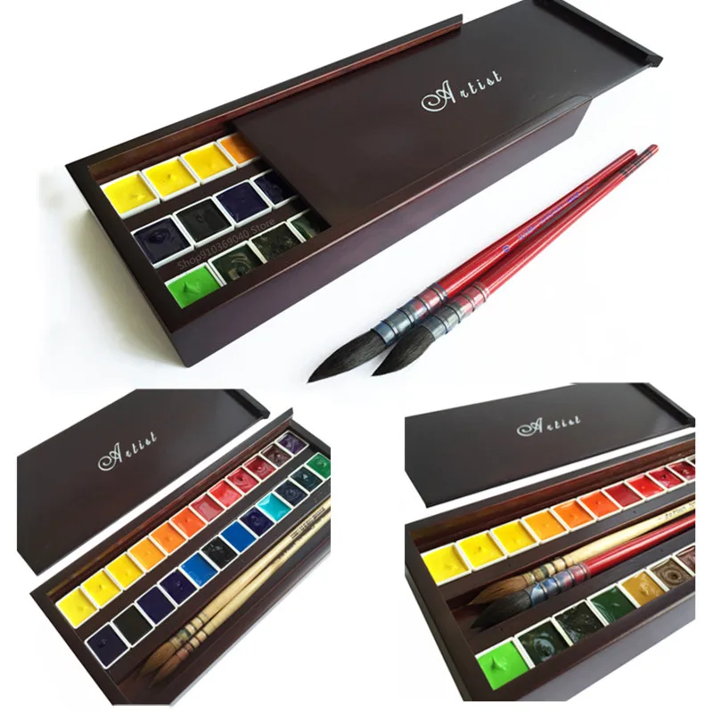 Bamboo Watercolor Sub-packing Box 24/36/48 Color Portable Watercolor Paint Storage Box with Lid Tray Painting Art Supplies paint tray,color palette,watercolor palette,watercolor paint pans,paint pots