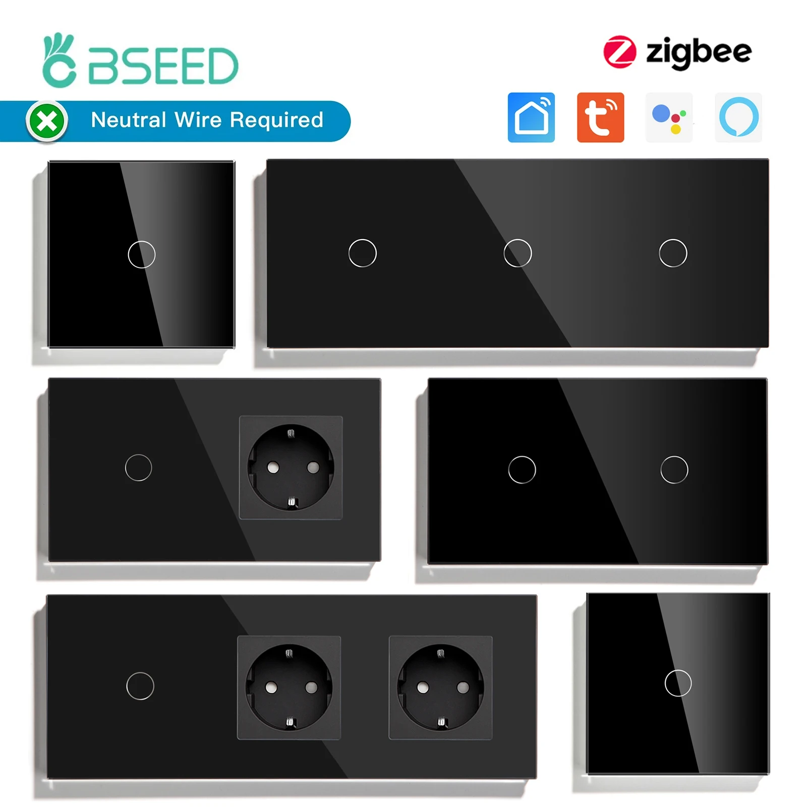 Bseed-zigbee Interruptores de Parede Gang Tuya Smart Life Controle de Voz Alexa sem Versão Neutra Além de Soquetes Normais ue