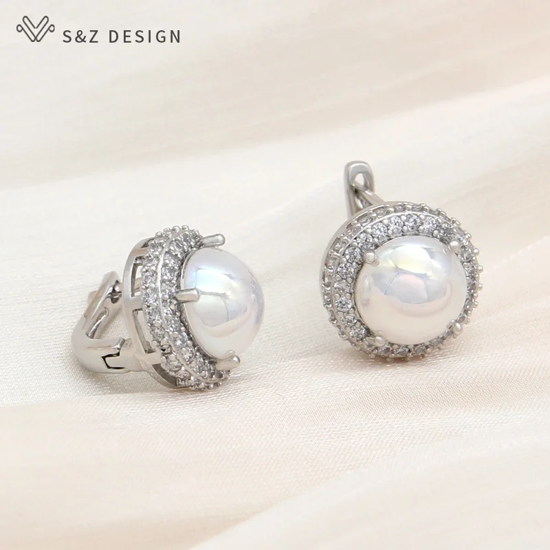 S&Z DESIGN New Fashion Round Simulated-pearl Drop Earrings For Women Elegant Wedding 585 Rose Gold Color Cubic Zirconia Jewelry