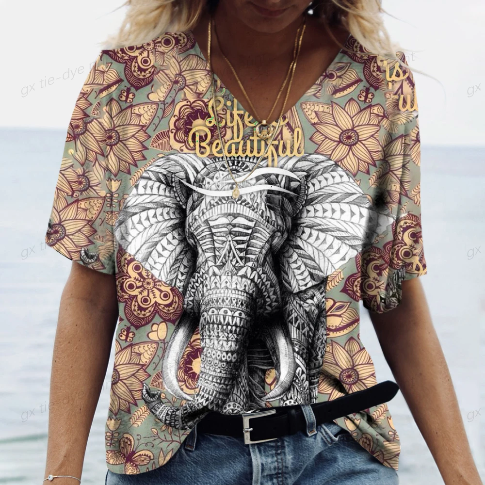 Colorful-ELEPHANT-Print-Women-T-Shirt-Short-Sleeve-V-Neck-Loose-Women ...