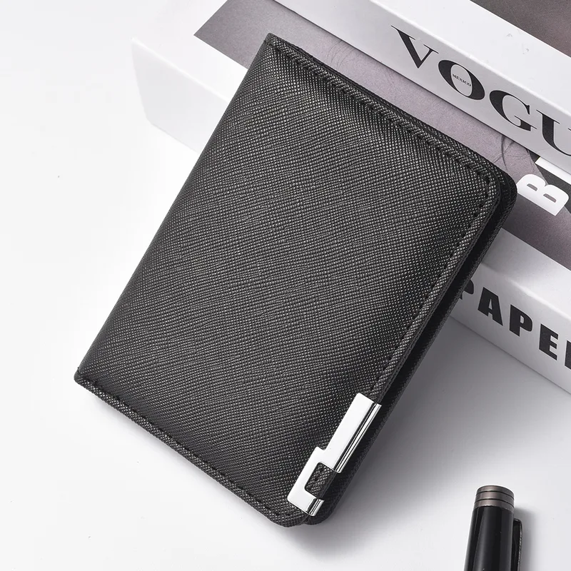 Black Faux Leather Small Slim Business-Style Wallet - Multiple Card Slots, Credit Card and Driver's License Holder, Geometric In