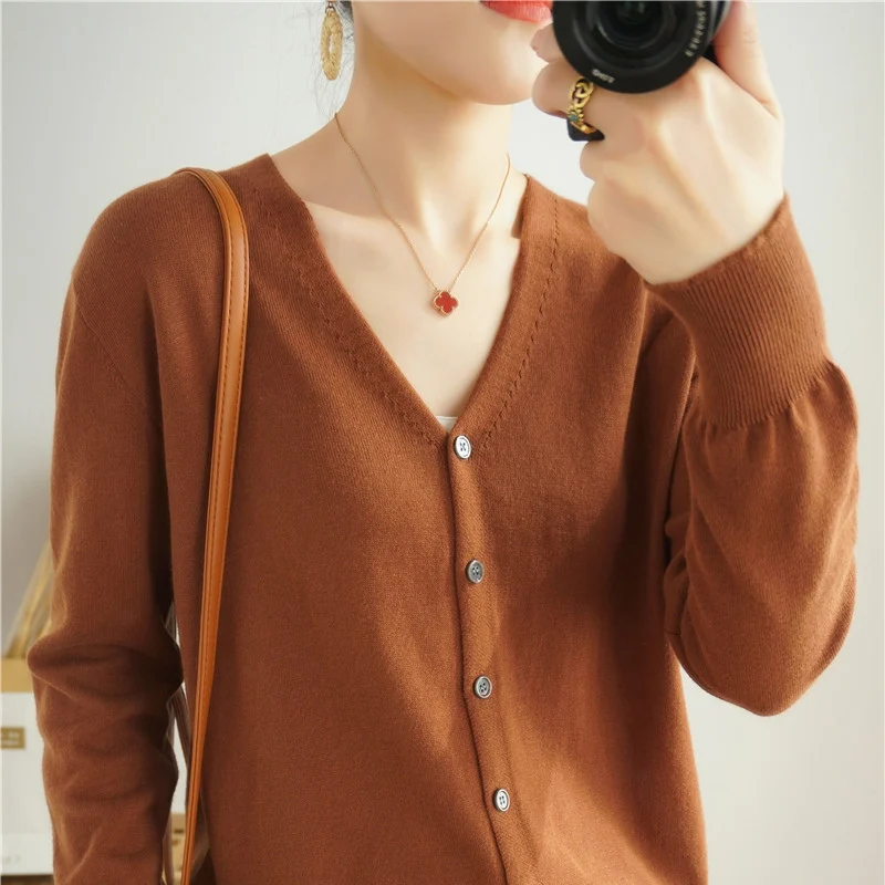 Autumn And Winter Women's V-neck Knitted Sweater 100% Knitted Long Staple Cotton Cardigan Basic Classic Korean Versatile Top SMY 5