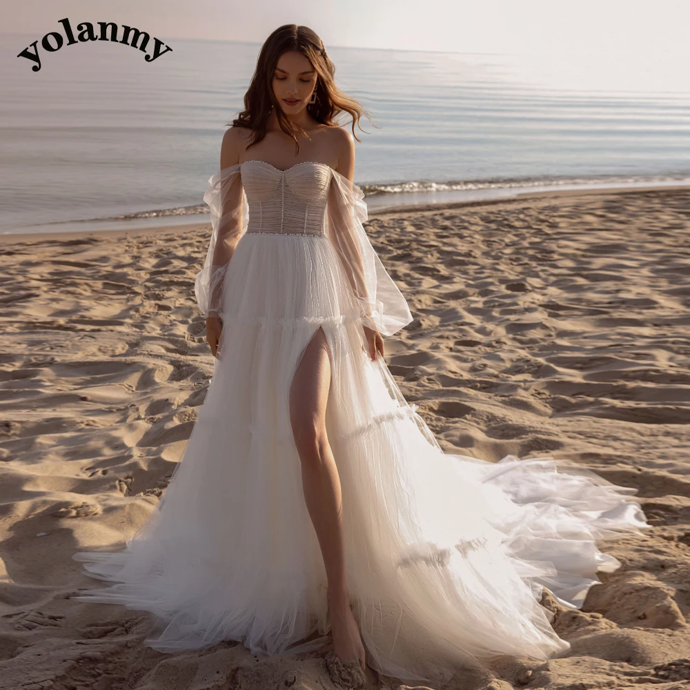 

YOLANMY Strapless OffShoulder Slit Zipper Appliques Illusion Wedding Dresses For Mariages Fairytale Full-Sleeve Made To Order