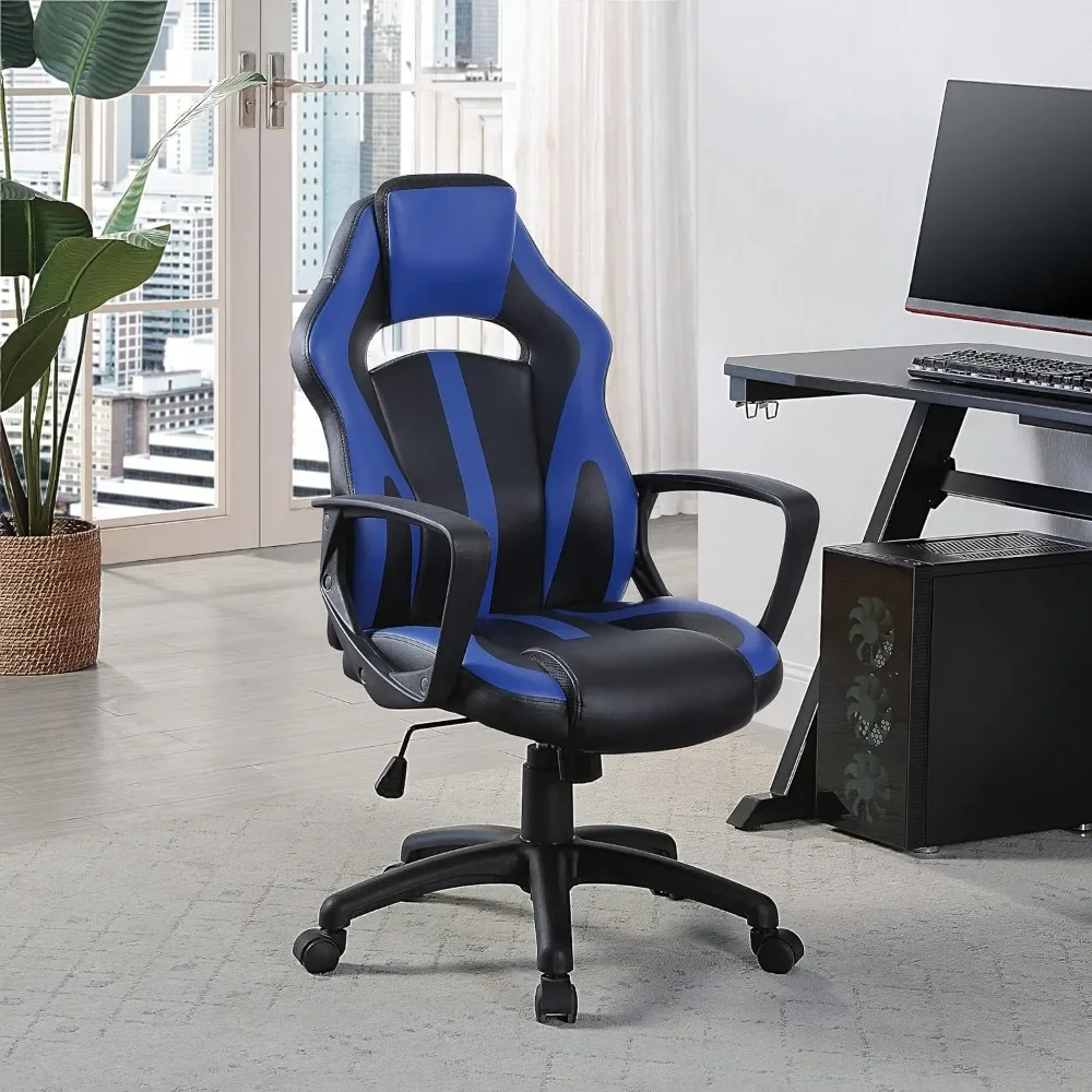 Home Furnishings Influx Adjustable Faux Leather Gaming Chair with Lumbar Support and Full 360 Rotation, Blue Accents