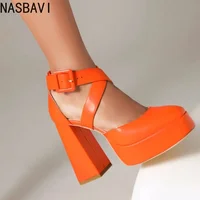 NASBAVI Spring New Styles Fashion Round Head Ultrahigh Heel Women's Shoes Orange Shallow Mouth Buckle Square Heel Women Shoes 2