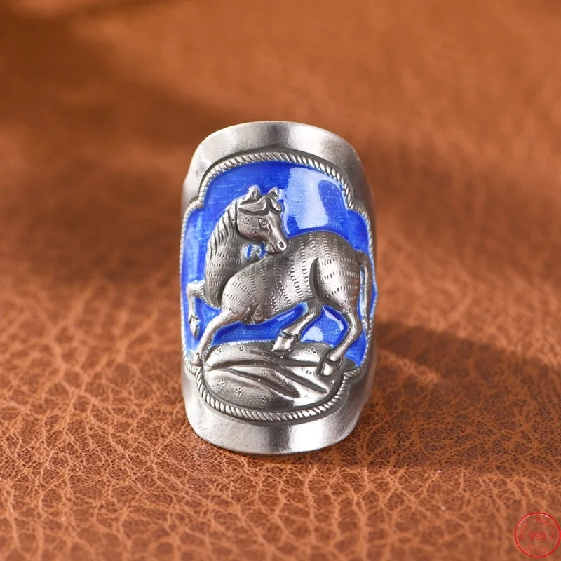 

S990 Sterling Silver Charms Rings for Women Men New Fashion Emboss Cloisonne Gallant Horse Ethnic Style Jewelry Free Shipping