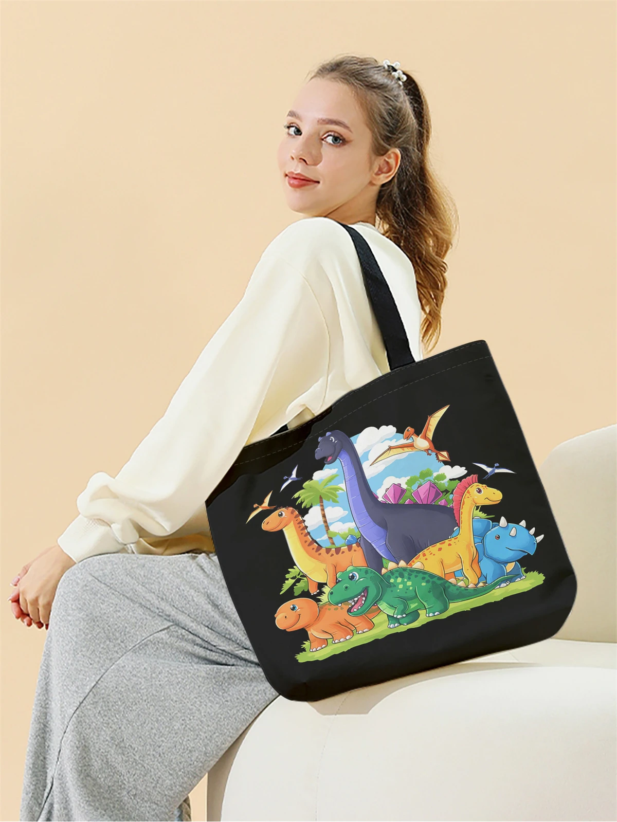 1pc,dinosaur family handbag, reusable fashionable handbag, multifunctional handbag, printed canvas shopping bag