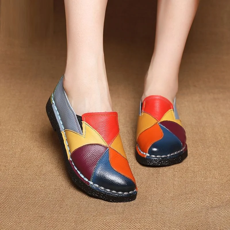 women's retro flats ethnic style mix colors round head moccasins leather shoes autumn plus size slip-on loafers zapatos mujer ﻿