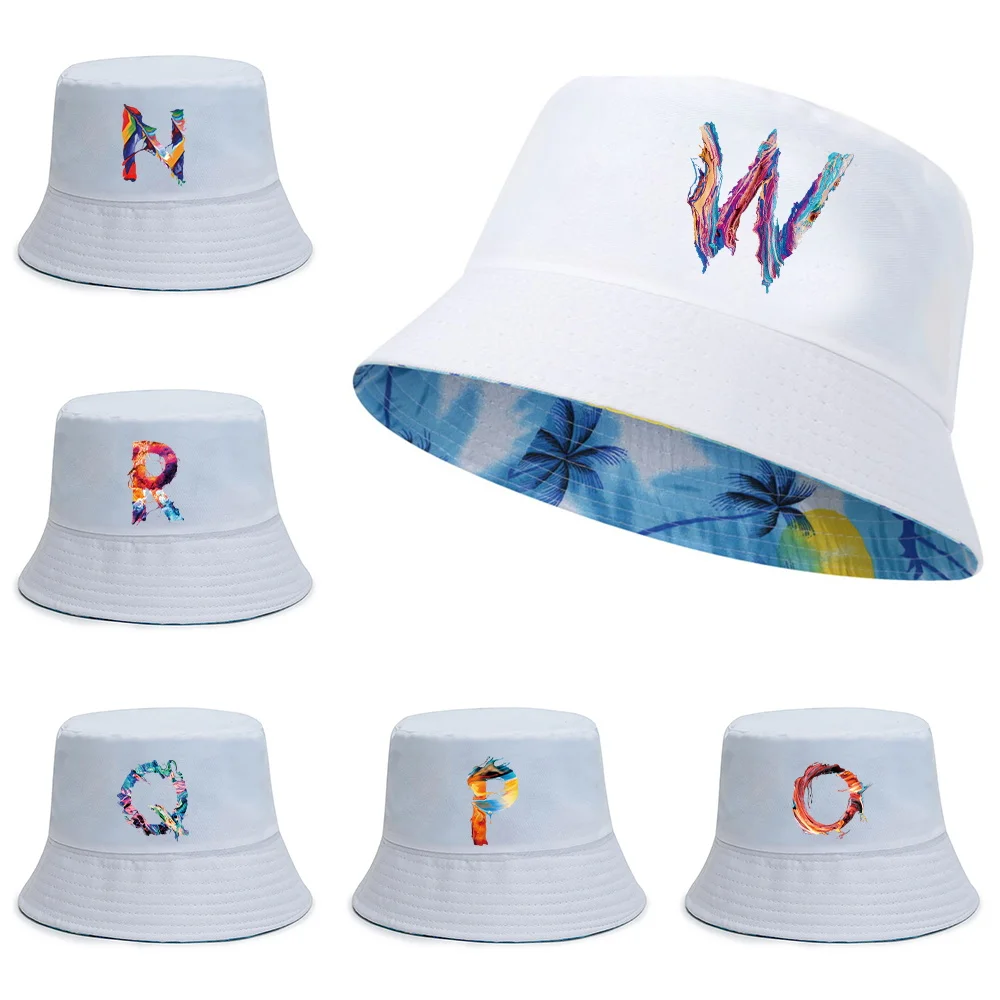 

Women Summer UV-proof Sun Cap Foldable Pure Cotton Fishing Caps Paint Letter Print Double-sided Fisherman Hats Men Climbing Hat