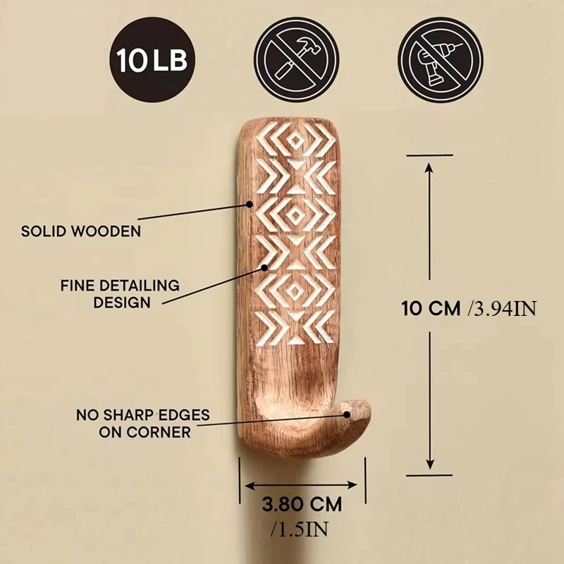 Non-Destructive Wood Wall Hooks - Adhesive Wall Hooks - Boho Decorative Wall Hooks 6