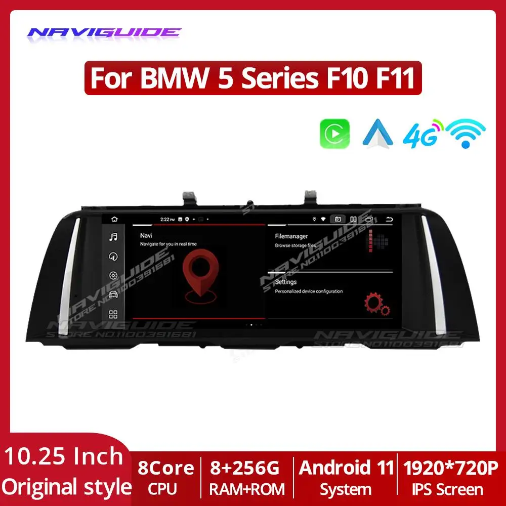 

NAVIGUIDE 10.25 Inch 1920*720P Car Radio For BMW 5 Series F10 F11 2010-2016 CIC NBT System Android 11 Multimedia Player GPS BT