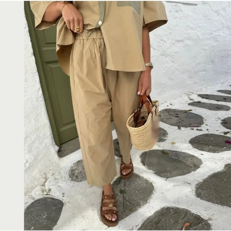 Women's Suit INS Colorblocking Loose Casual Printed Short Sleeve Single Breasted Tops Pants Elastic Waist Suits Womenswear Trend