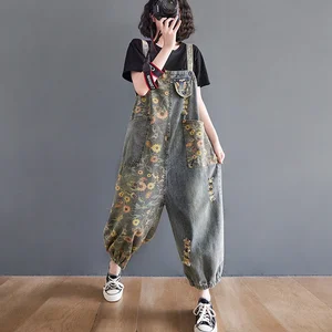 Loose Plus Size Jeans Jumpsuits Women Spring Autumn Print Floral Denim Overalls Wide Leg Dungarees Straps Baggy Pants ZL517