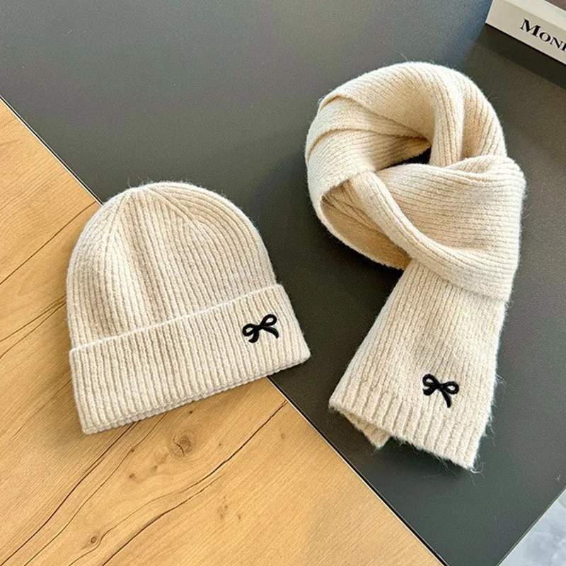 2PCS Korean Kids Knitted Hats Scarfs Suit Winter Children Beanie Soft Thicken Girls Boys Hat Cute Bow Embroidered Warm Cap