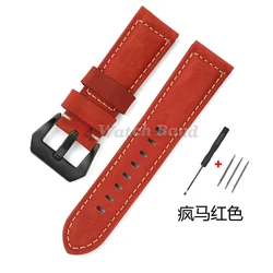 Authentic Retro Calf Leather Watchbands - Premium Cowhide Crazy Horse Straps - 22mm (Red - Black)