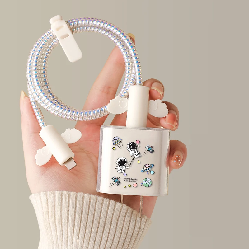 Rosa Verde Blu Fiore Astronauta Carino Usb Head Bite Cable Line Protector Winder Cord Case Per Apple Iphone 20/18W Cover Clear